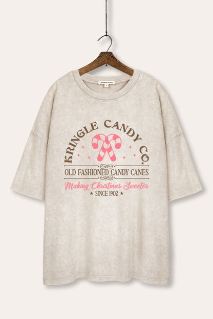 Christmas Candy Cane Graphic Mineral Wash Oversized Tee