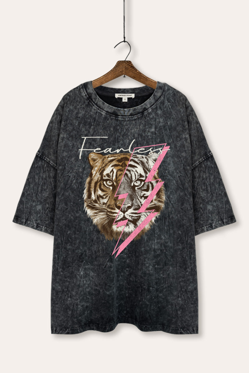 Fearless Tiger Lightning Graphic Mineral Wash Oversized Tee