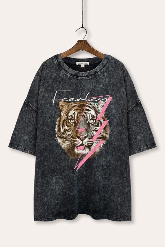 Fearless Tiger Lightning Graphic Mineral Wash Oversized Tee