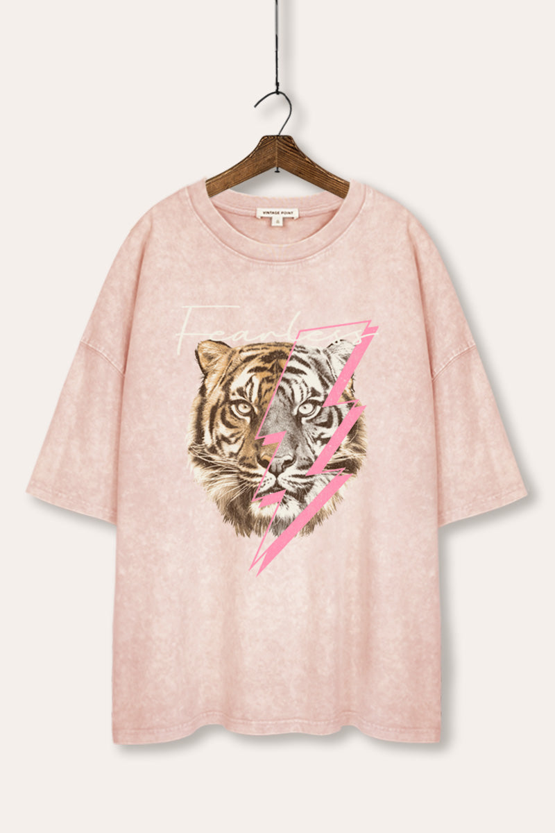 Fearless Tiger Lightning Graphic Mineral Wash Oversized Tee