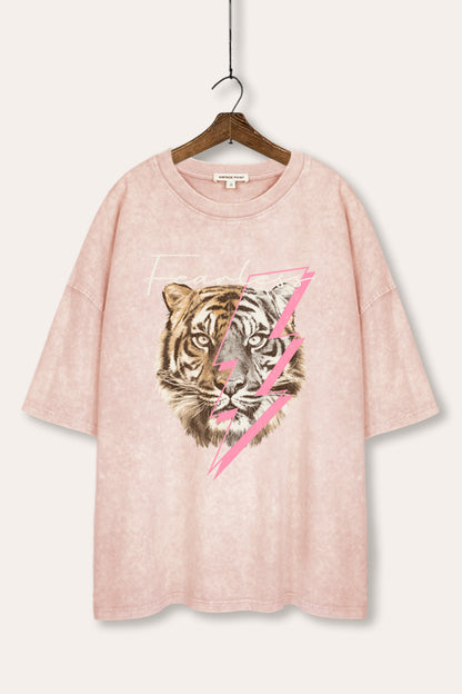 Fearless Tiger Lightning Graphic Mineral Wash Oversized Tee