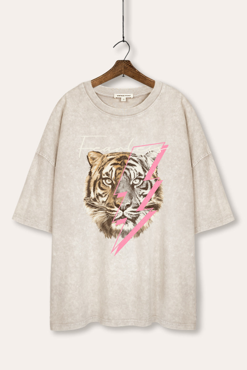Fearless Tiger Lightning Graphic Mineral Wash Oversized Tee