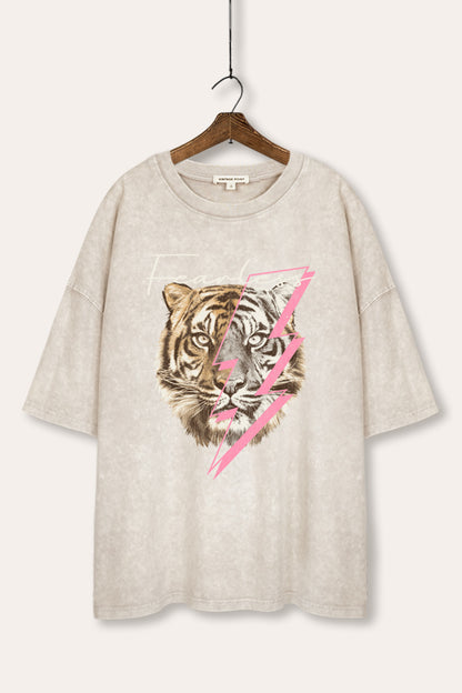 Fearless Tiger Lightning Graphic Mineral Wash Oversized Tee