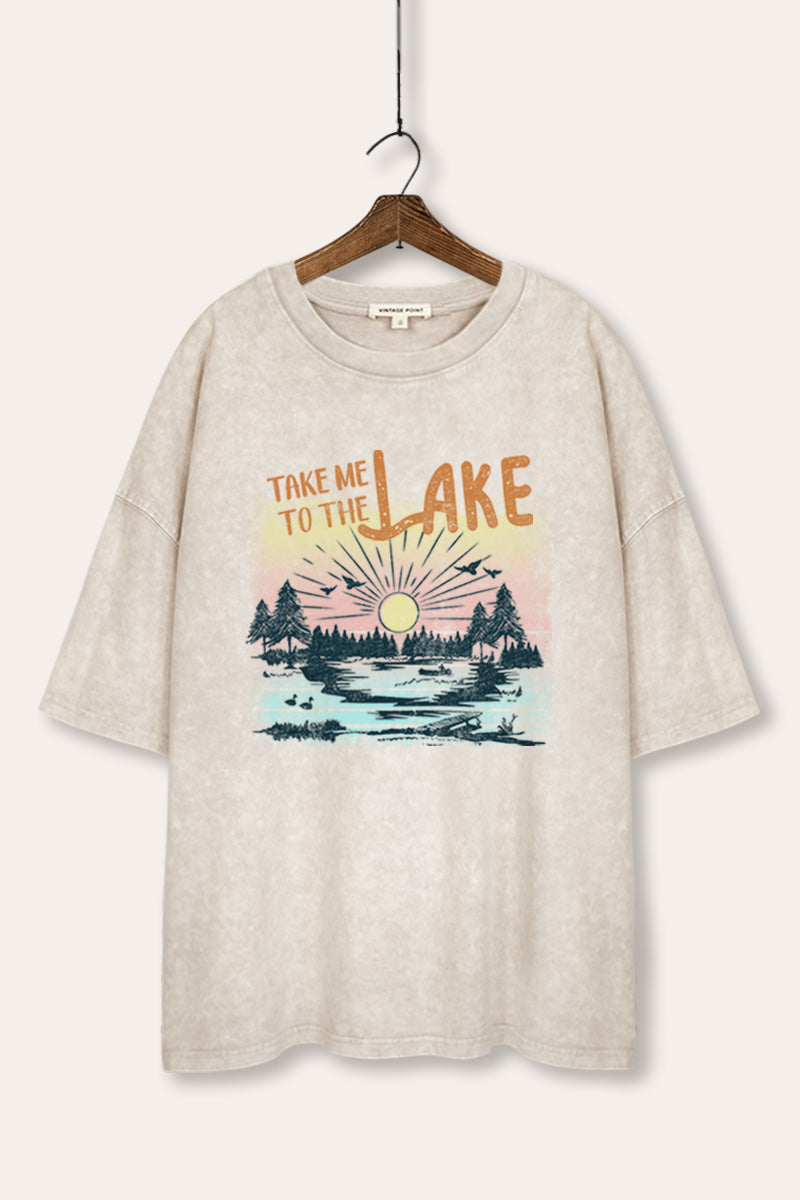 "take me to the lake" oversized mineral wash graphic tee