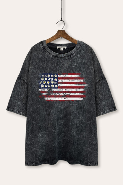 Distressed Floral USA Flag Graphic Mineral Wash Oversized Tee