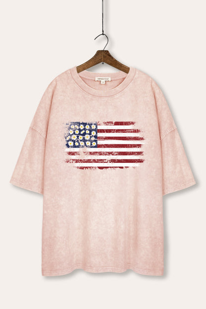 Distressed Floral USA Flag Graphic Mineral Wash Oversized Tee