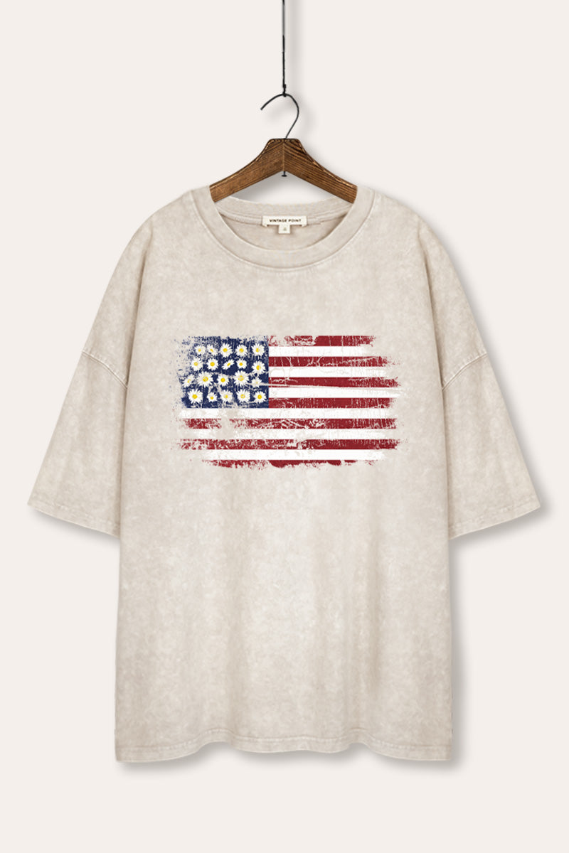 usa flower-star flag mineral wash oversized graphic tee