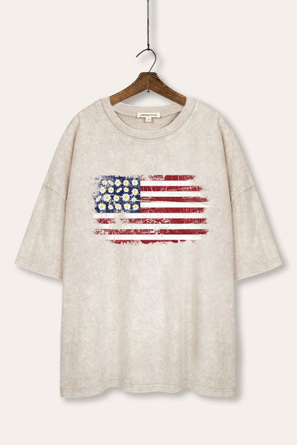 Distressed Floral USA Flag Graphic Mineral Wash Oversized Tee