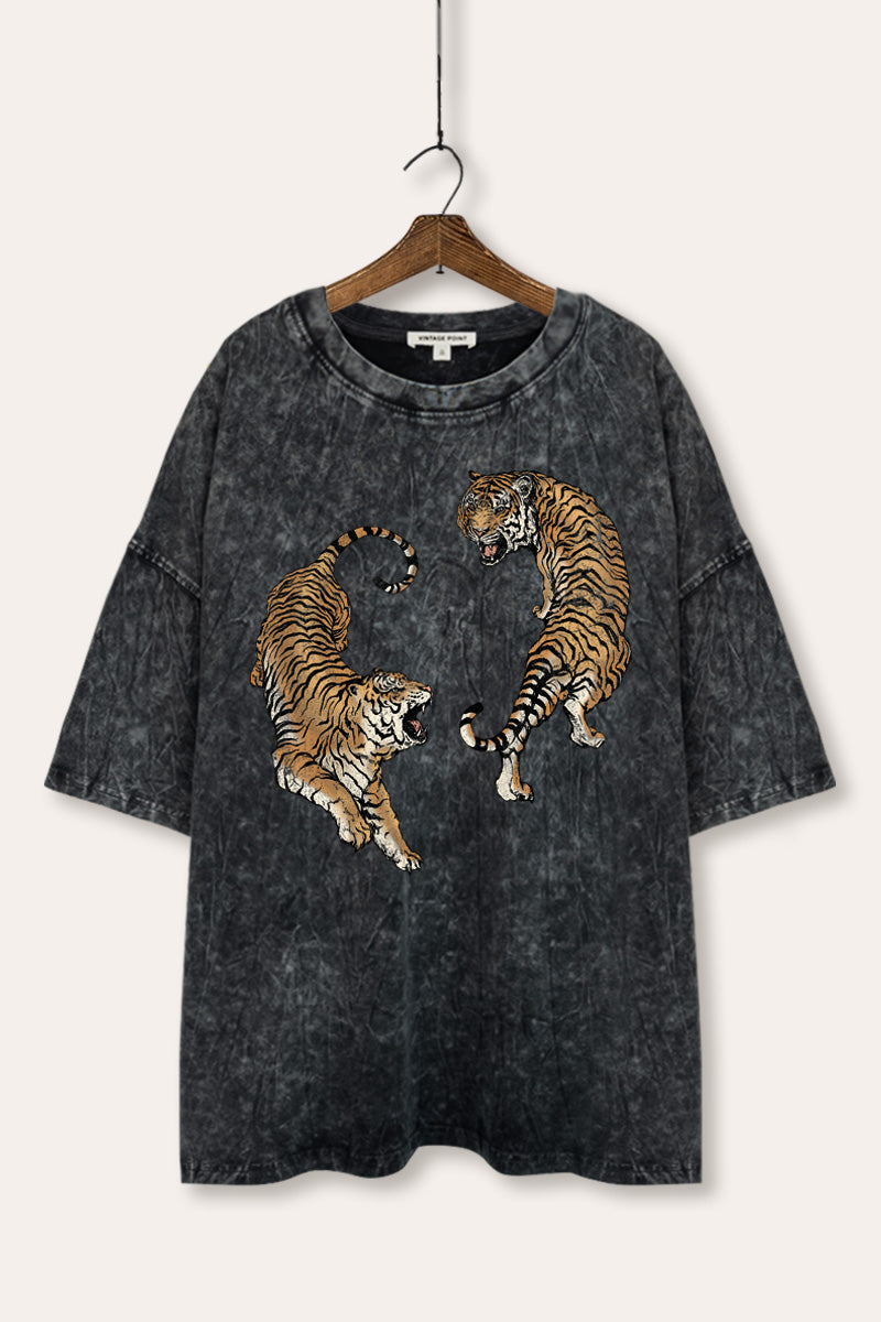 Fighting Tigers Graphic Mineral Wash Oversized Tee