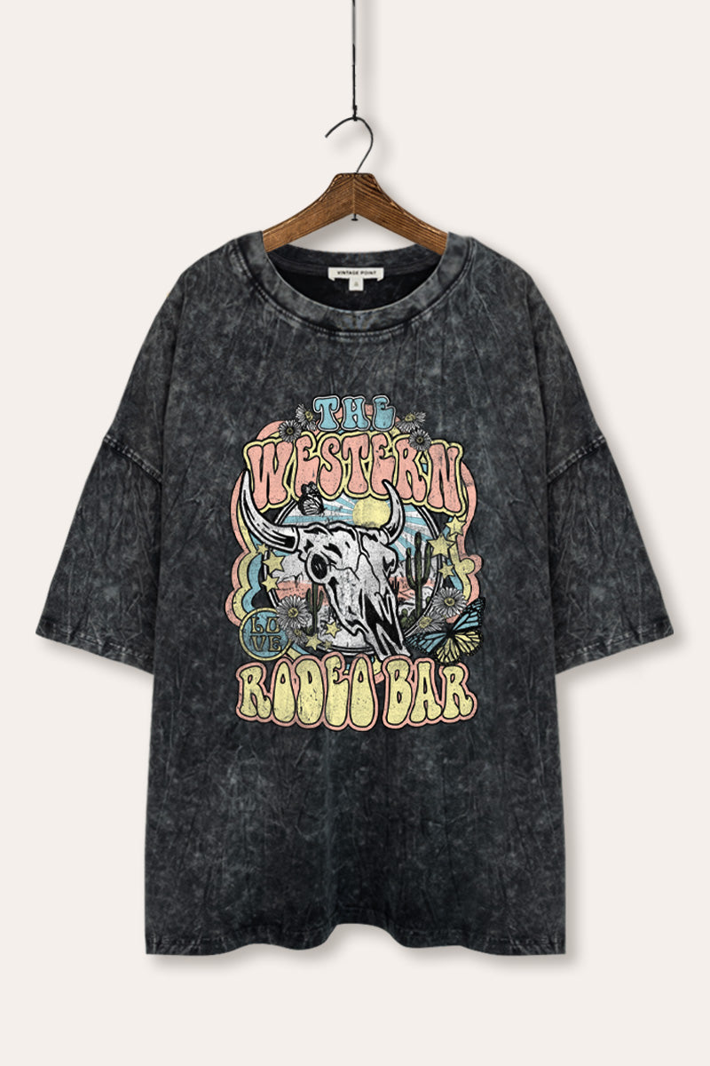 Western Rodeo Bar Retro Graphic Mineral Wash Oversized Tee