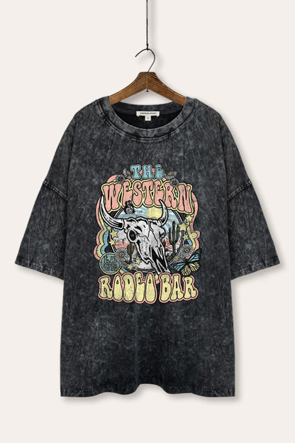 Western Rodeo Bar Retro Graphic Mineral Wash Oversized Tee