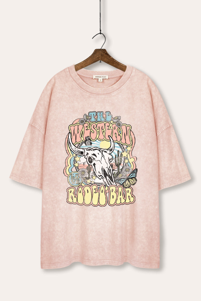 Western Rodeo Bar Retro Graphic Mineral Wash Oversized Tee