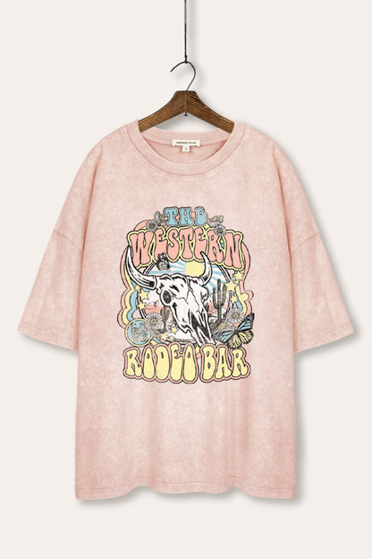 Western Rodeo Bar Retro Graphic Mineral Wash Oversized Tee
