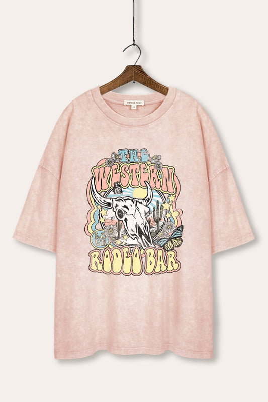 Western Rodeo Bar Retro Graphic Mineral Wash Oversized Tee