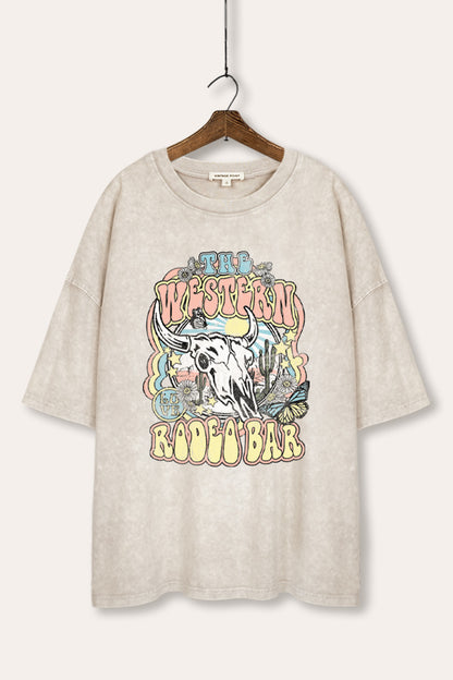 Western Rodeo Bar Retro Graphic Mineral Wash Oversized Tee