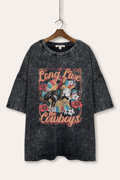 Long Live Cowboys Retro Graphic Mineral Wash Oversized Tee