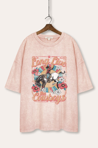 Long Live Cowboys Retro Graphic Mineral Wash Oversized Tee