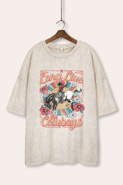 Long Live Cowboys Retro Graphic Mineral Wash Oversized Tee