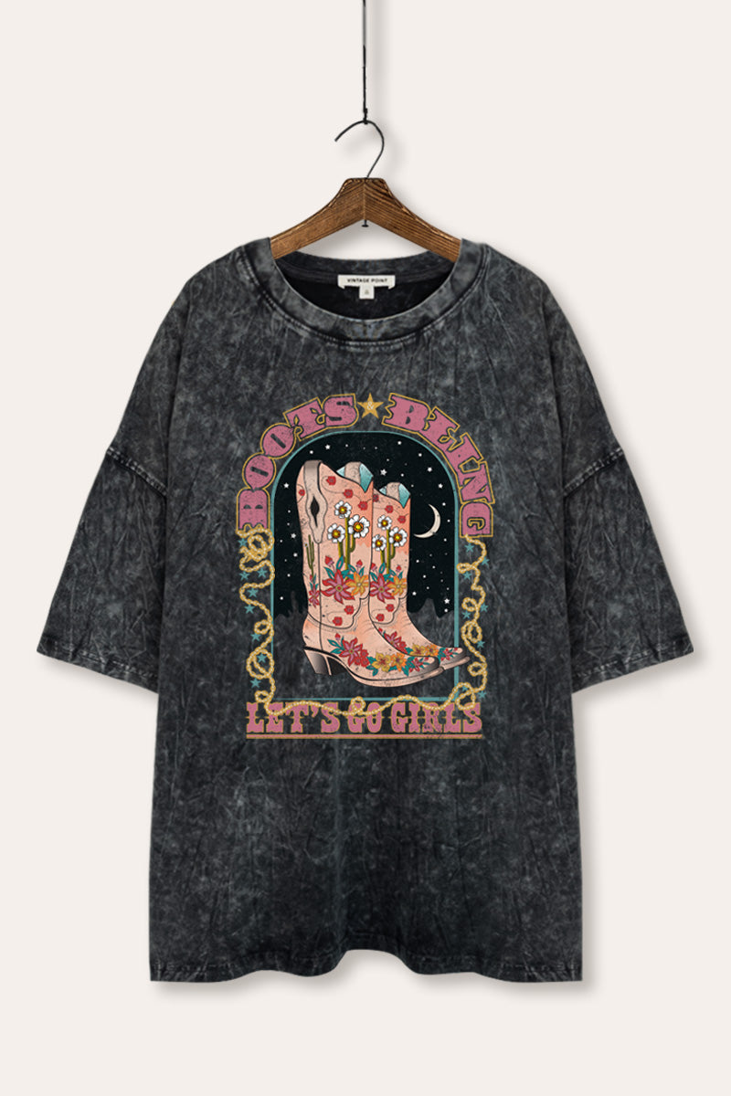 "let's go girls" retro cowboy boots oversized mineral wash graphic tee