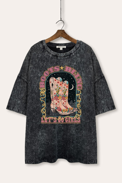 Cowgirl Boots Bling Stars Graphic Mineral Wash Oversized Tee