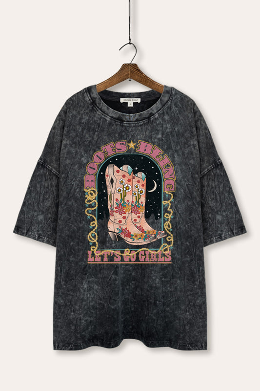 "let's go girls" retro cowboy boots oversized mineral wash graphic tee