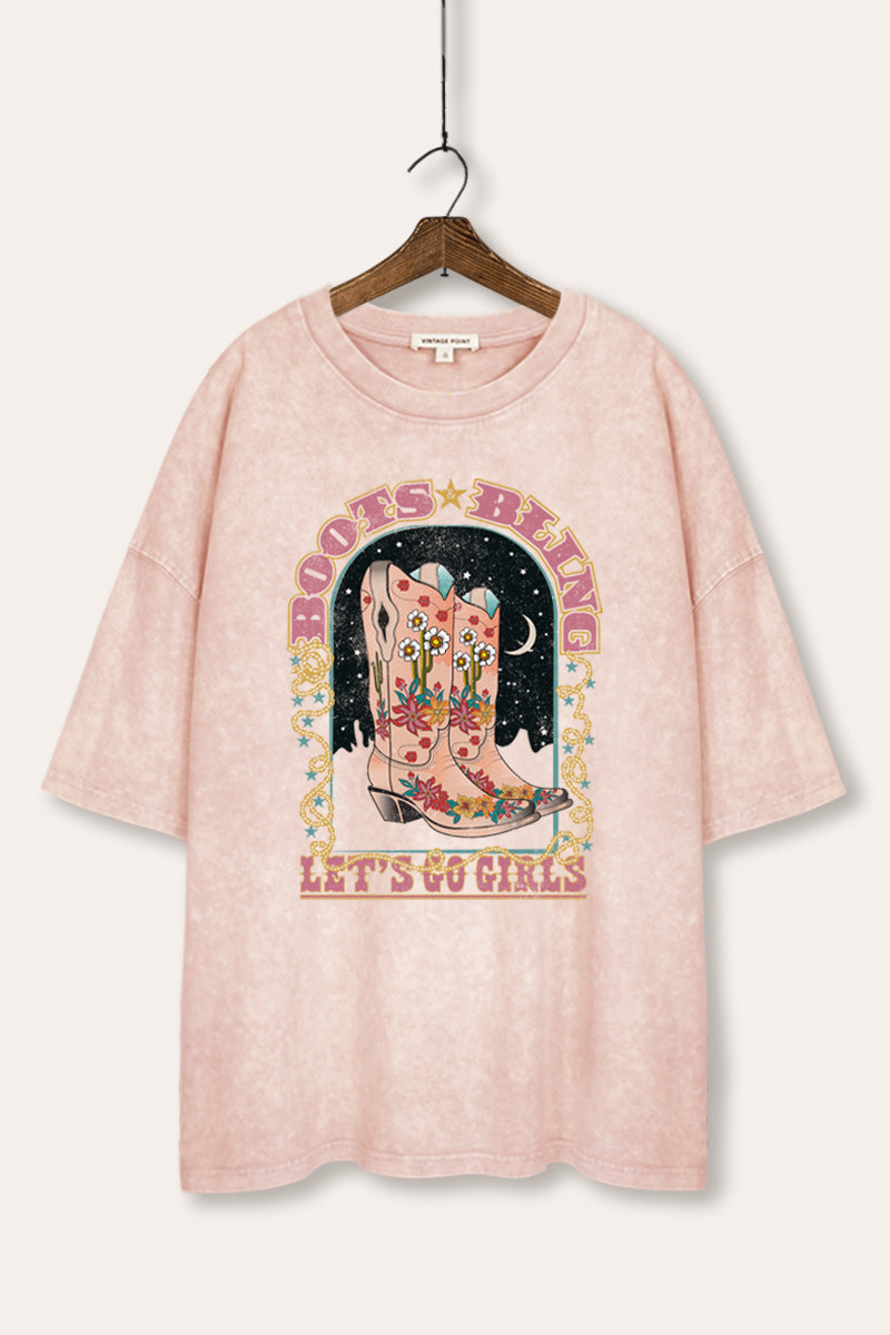 "let's go girls" retro cowboy boots oversized mineral wash graphic tee
