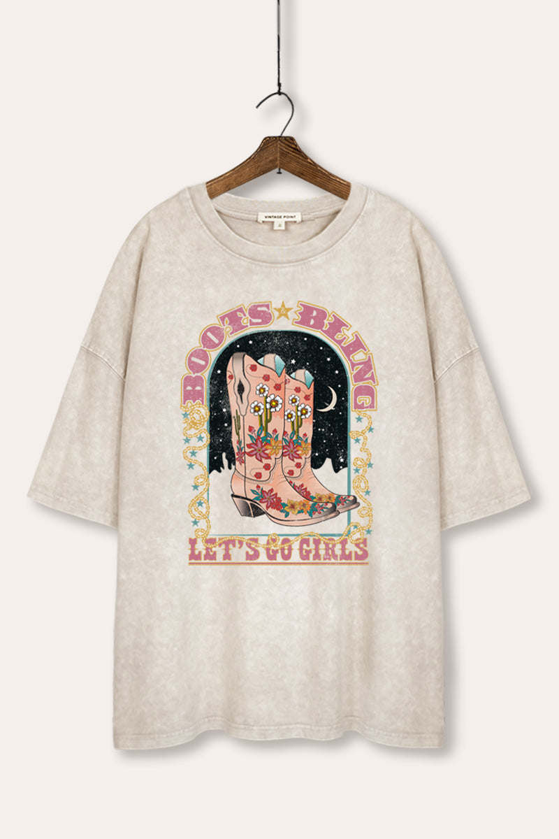 "let's go girls" retro cowboy boots oversized mineral wash graphic tee