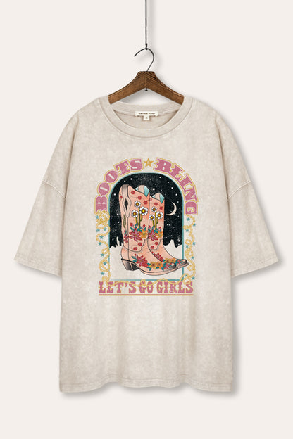 Cowgirl Boots Bling Stars Graphic Mineral Wash Oversized Tee