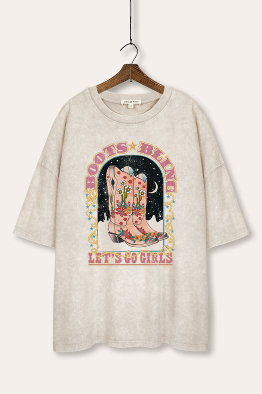 "let's go girls" retro cowboy boots oversized mineral wash graphic tee