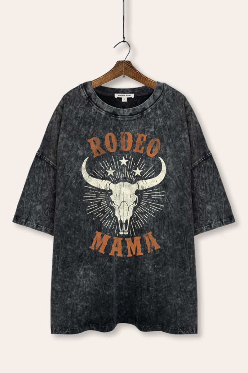 "rodeo mama" cow skull oversized mineral wash western graphic tee
