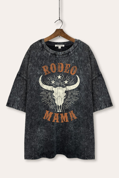 Rodeo Mama Western Skull Graphic Mineral Wash Oversized Tee