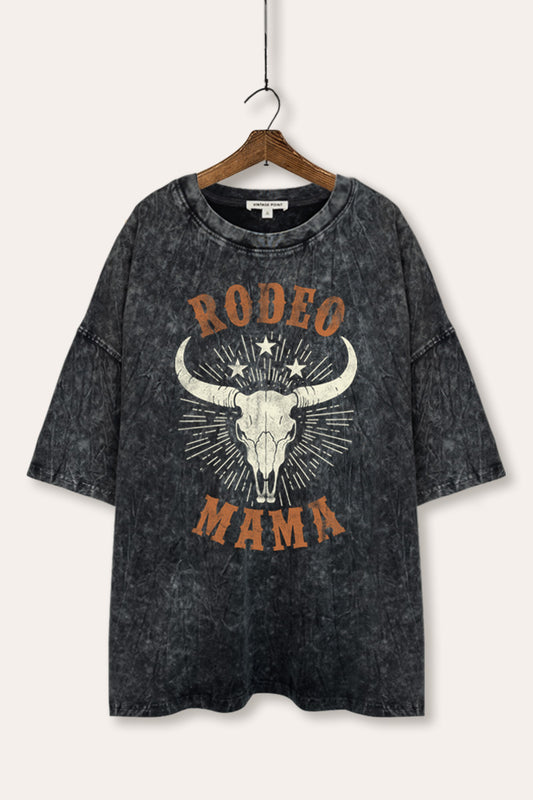 "rodeo mama" cow skull oversized mineral wash western graphic tee