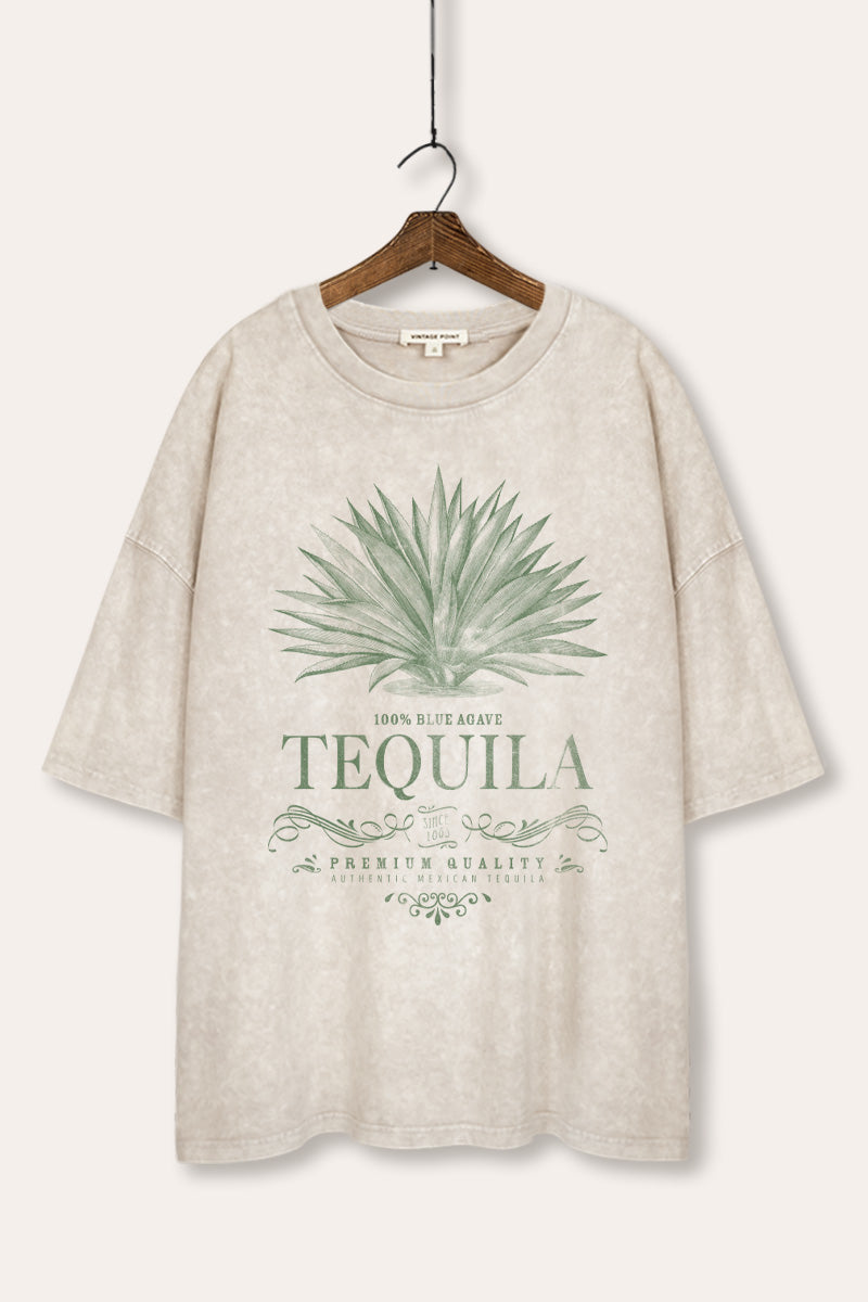 "tequila" agave plant graphic oversized mineral wash tee