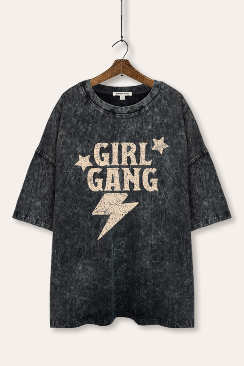 "girl gang" lightning graphic oversized mineral wash tee