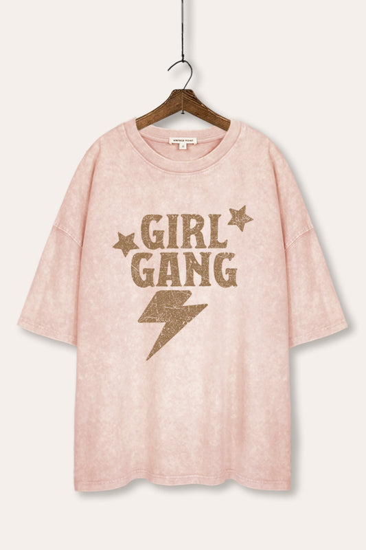 Girl Gang Lightning & Stars Graphic Mineral Wash Oversized Tee