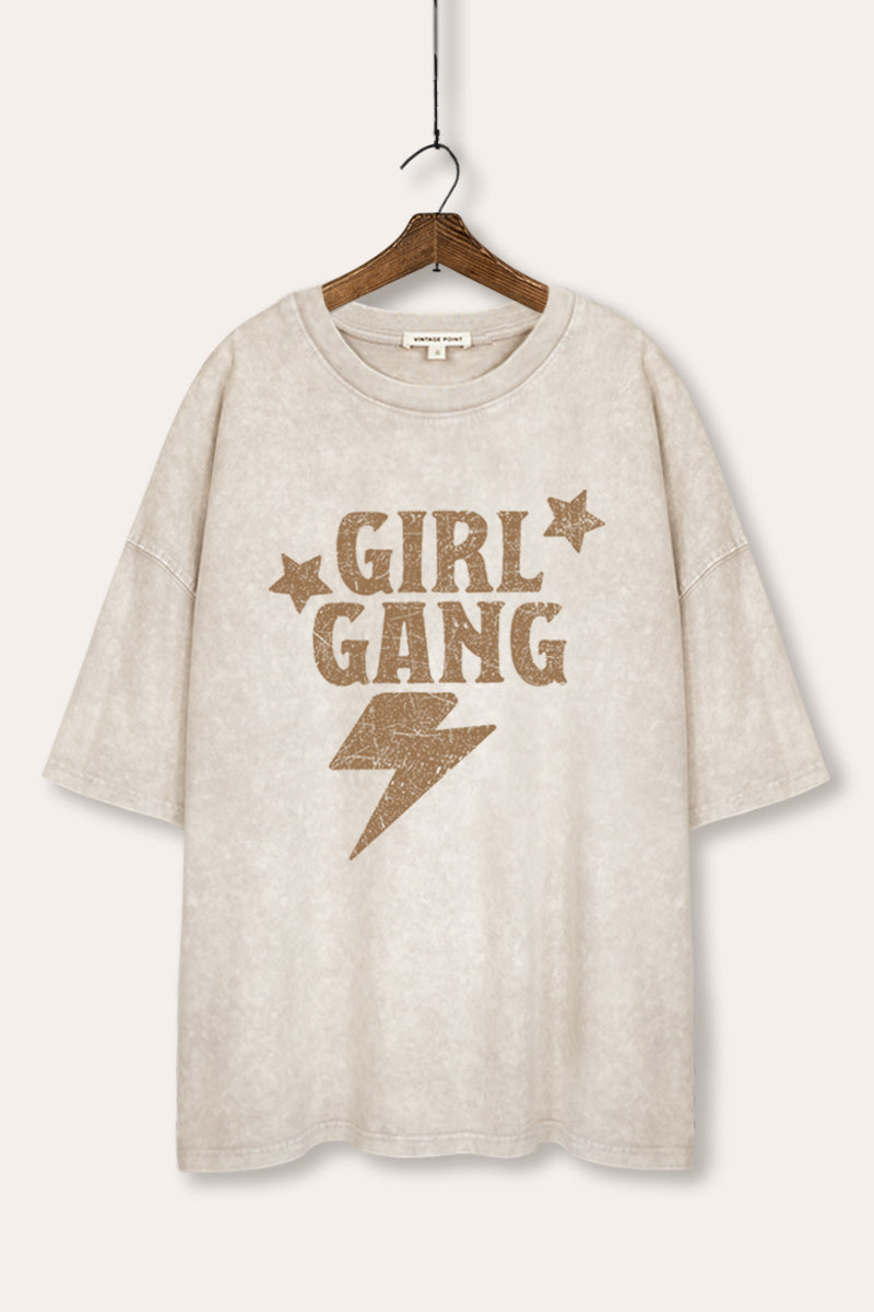 Girl Gang Lightning & Stars Graphic Mineral Wash Oversized Tee