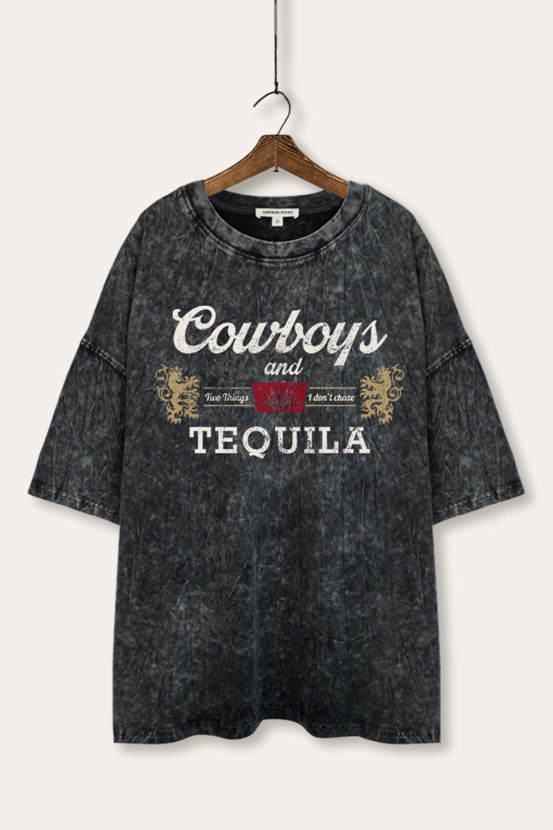 "cowboys & tequila" graphic mineral wash oversized tee