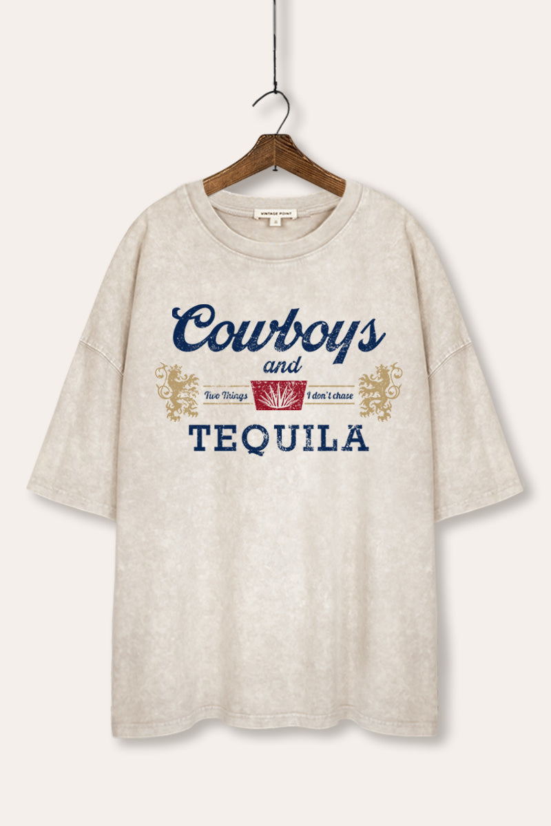 "cowboys & tequila" graphic mineral wash oversized tee