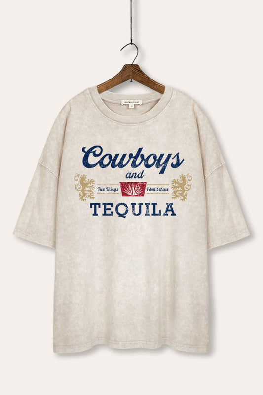 "cowboys & tequila" graphic mineral wash oversized tee