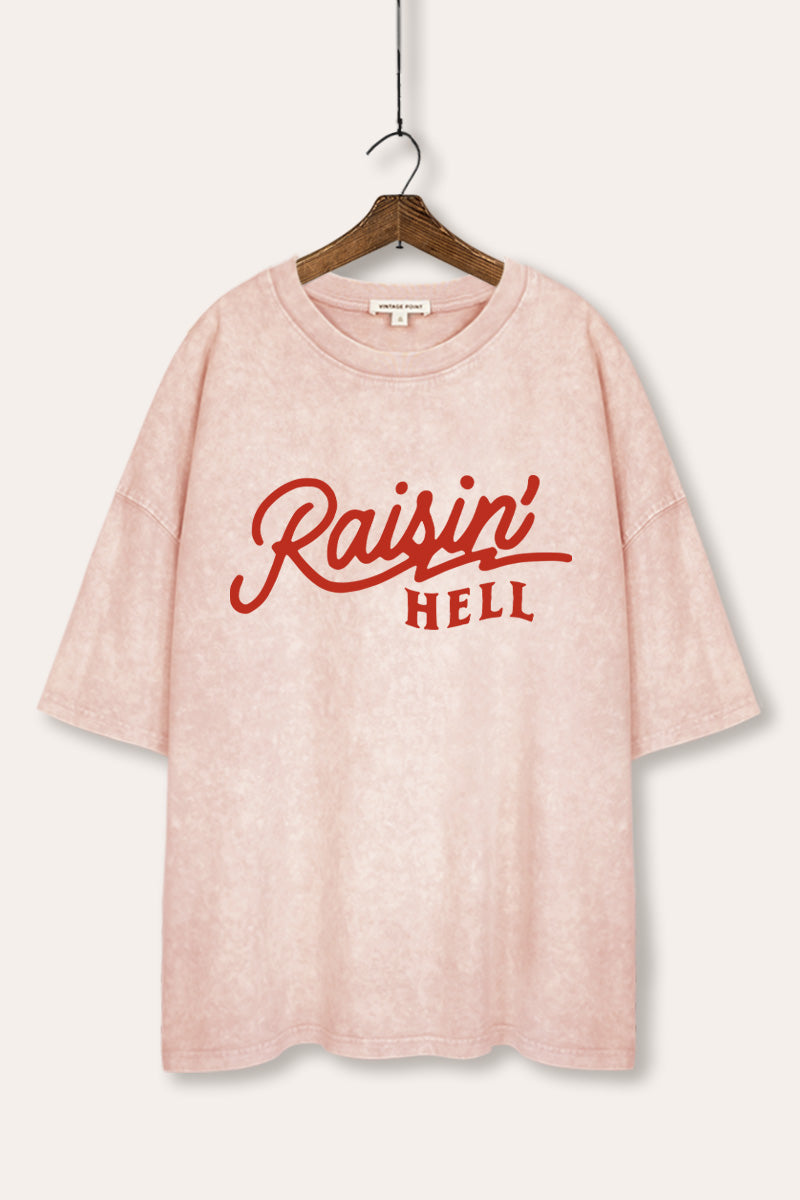 "raisin' hell" oversized mineral wash graphic tee