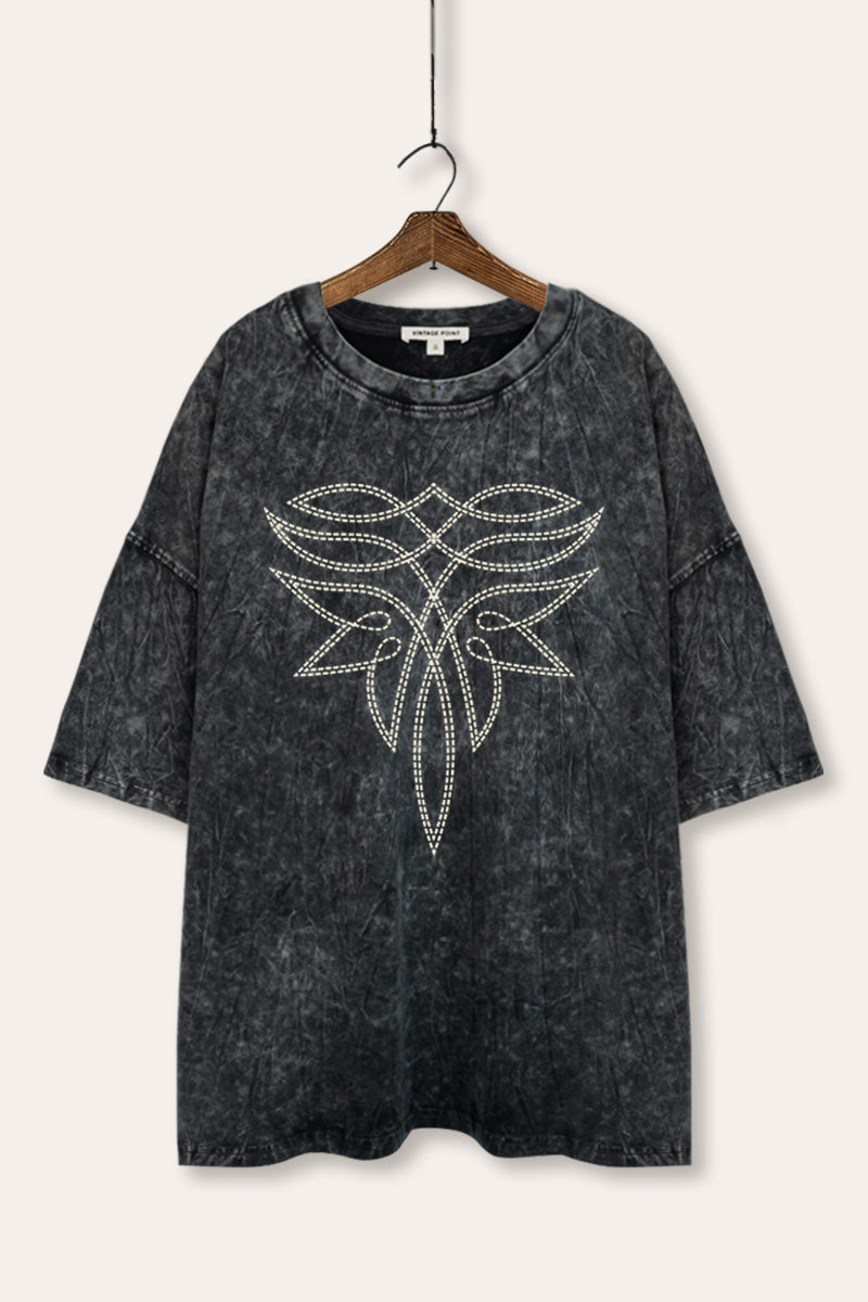 western cowboy boot toe stitch pattern oversized mineral wash graphic tee