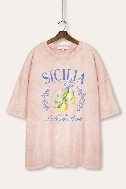 Sicilia Italy Lemons Fruit Graphic Mineral Wash Oversized Tee
