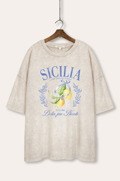Sicilia Italy Lemons Fruit Graphic Mineral Wash Oversized Tee