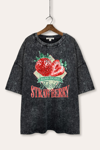 Distressed Strawberry Fruit Graphic Mineral Wash Oversized Tee