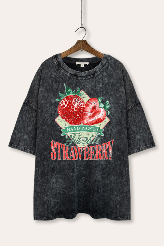 Distressed Strawberry Fruit Graphic Mineral Wash Oversized Tee