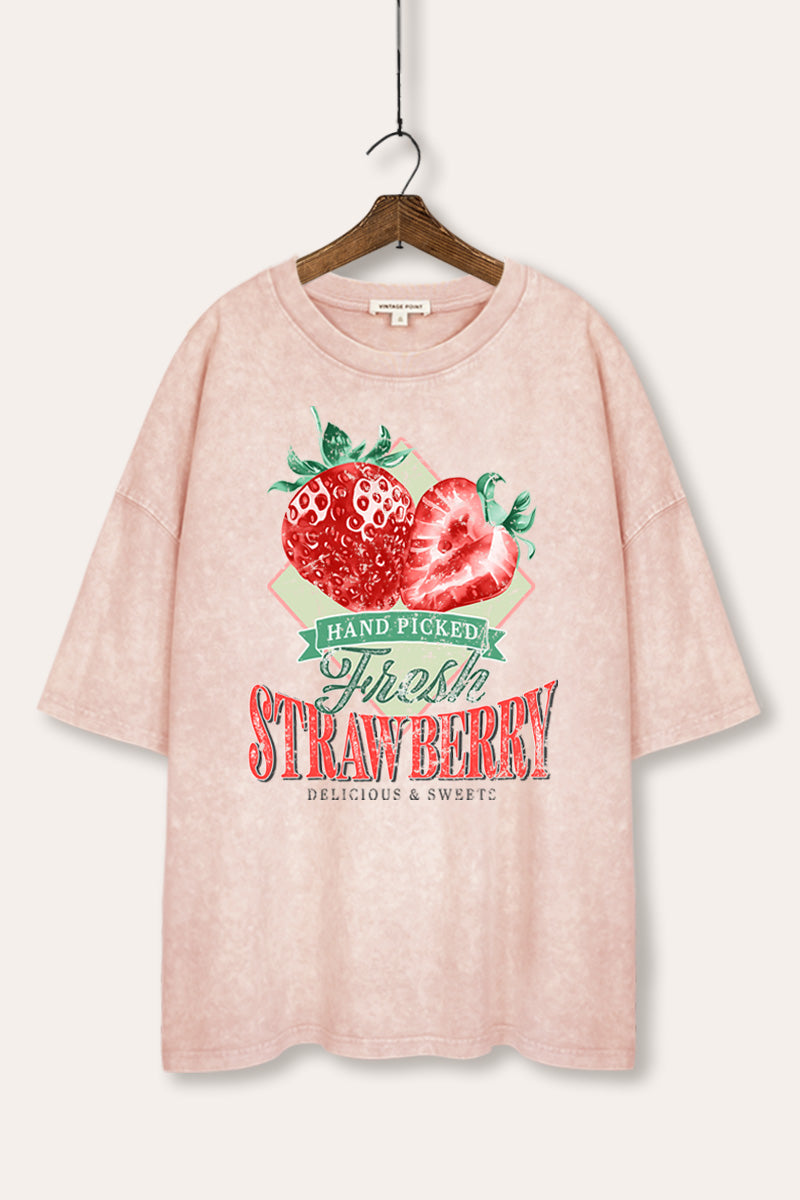 Distressed Strawberry Fruit Graphic Mineral Wash Oversized Tee