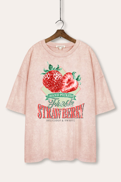 Distressed Strawberry Fruit Graphic Mineral Wash Oversized Tee