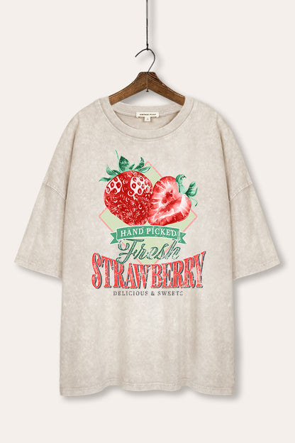 Distressed Strawberry Fruit Graphic Mineral Wash Oversized Tee