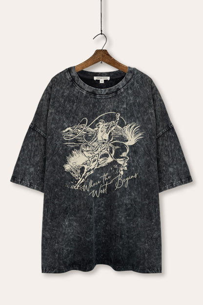 Where The West Begins Cowboy Graphic Mineral Wash Oversized Tee