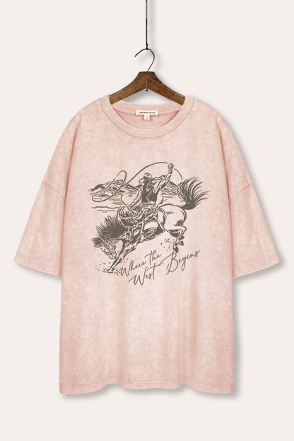 Where The West Begins Cowboy Graphic Mineral Wash Oversized Tee